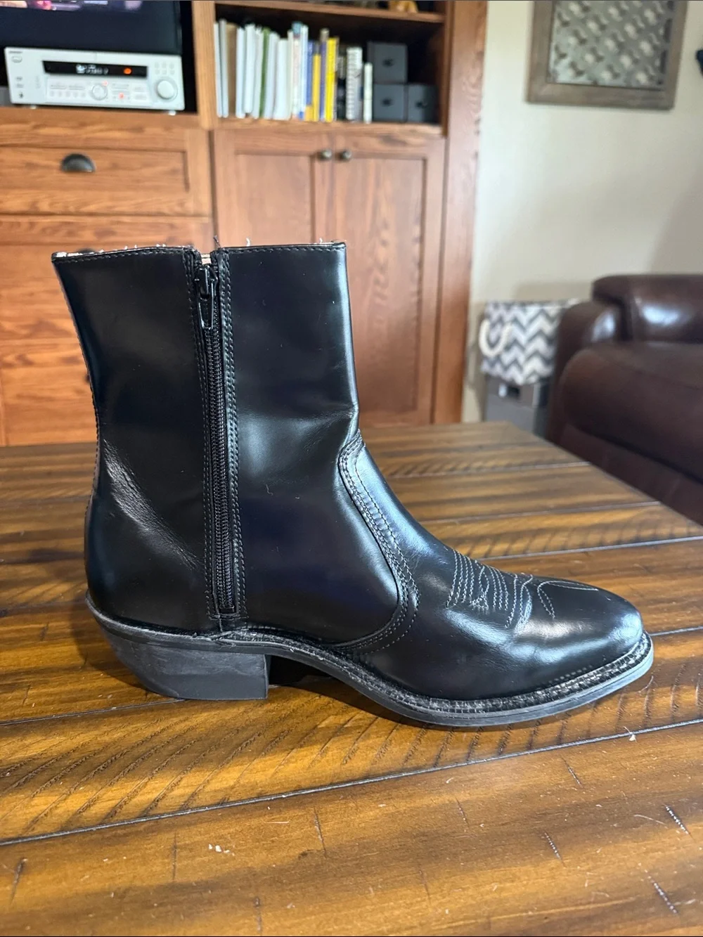 Leather Classics Men's Black Leather Zip-Up Western Stitch Ankle Boots, Size 11D